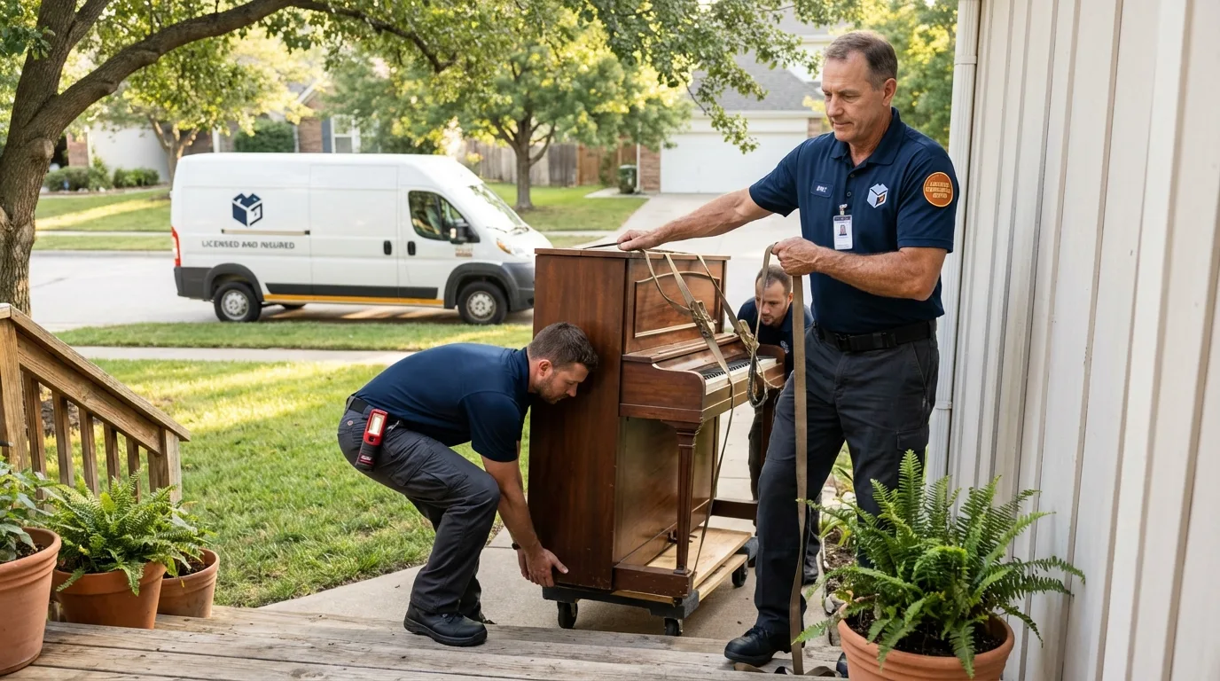 Licensed piano movers securing grand piano in Greenfield, MO