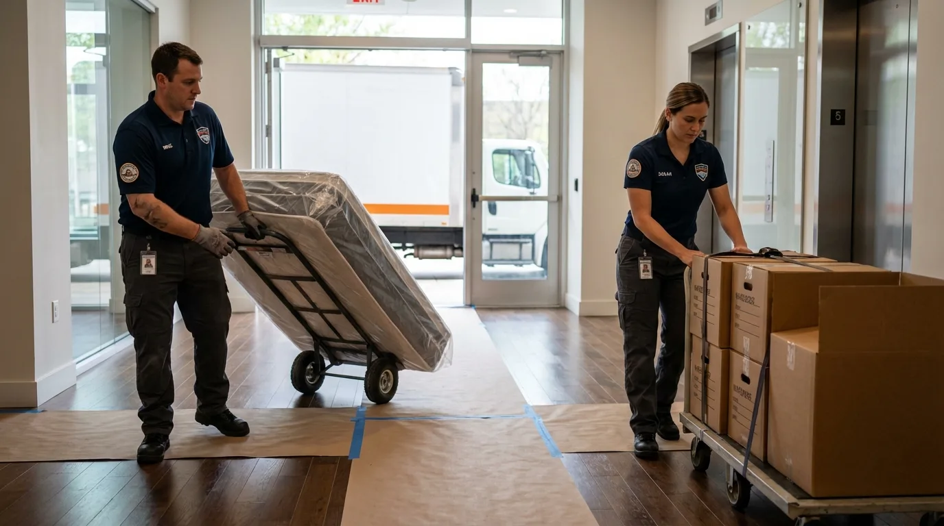 Professional apartment movers loading elevator in Greenfield, MO